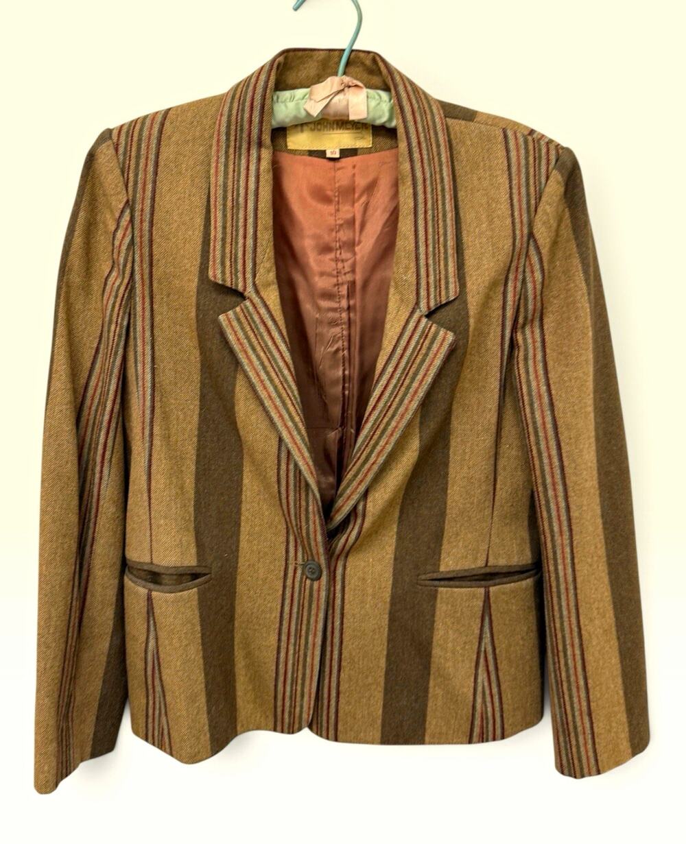 Vintage John Meyer Tailored Wool Blend Striped Blazer Jacket Brown Tan Size 10 M